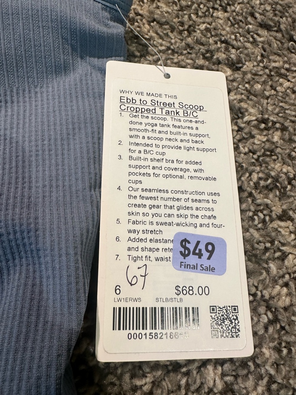 DAMAGED NWT Lululemon Ebb to Street Scoop Cropped Tank B/C - Picture 2 of 4